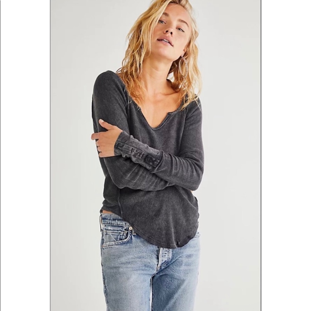 Free People Layer Up Ribbed Knit Tee Top Contrast Cuffs Black